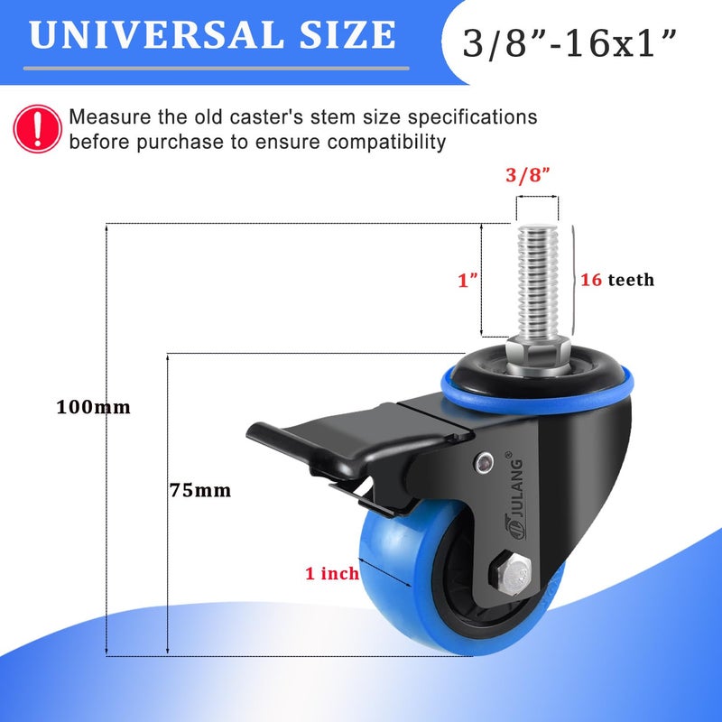 Julang 2 in Caster Wheels 3/8 Threaded Stem, Stem Mount (UNC 3/8" -16 x 1), Locking Casters Set of 4, Load Capacity 580 lbs, Swivel Casters for Wire Shelving, Tool Carts, Workbenches.（Blue） - Image 2